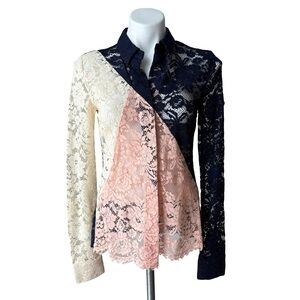 Candela Crochet Lace Button Down Color Block Top, Sz S